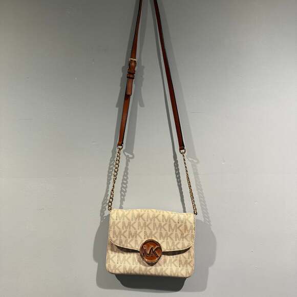 Michael Kors Signature MK Logo Crossbody Bag – Beige/Brown, Gold Hardware - Picture 1 of 7
